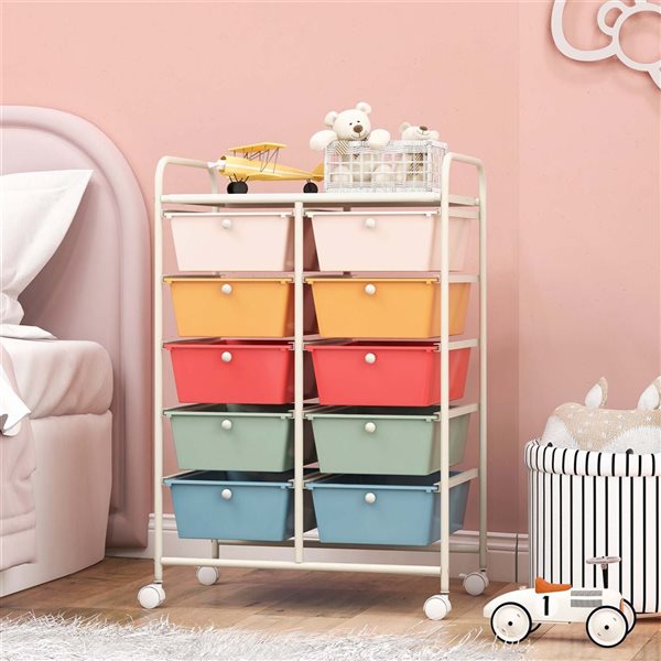 Costway Rolling Metal Ultility Cart w/ 10 Drawers and White Frame - Multicolour