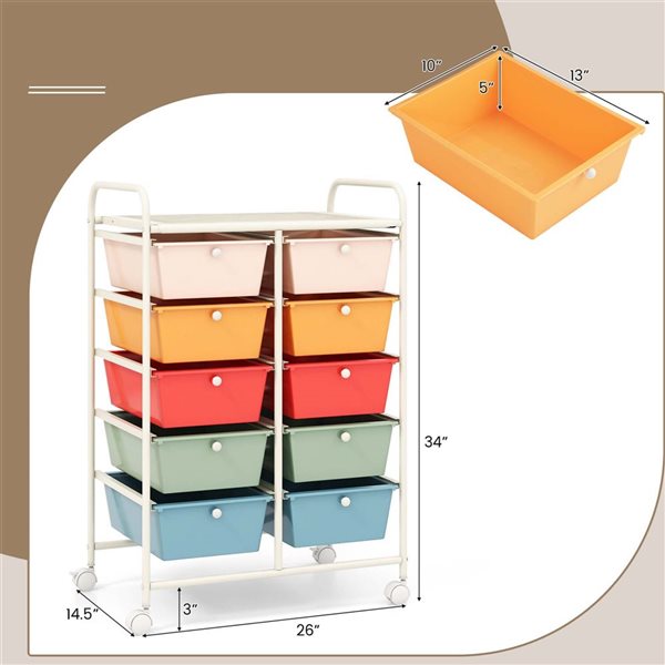 Costway Rolling Metal Ultility Cart w/ 10 Drawers and White Frame - Multicolour