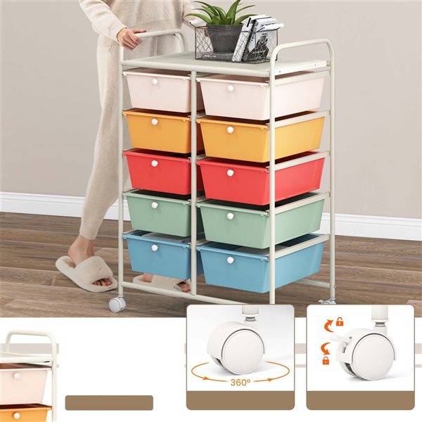 Costway Rolling Metal Ultility Cart w/ 10 Drawers and White Frame - Multicolour