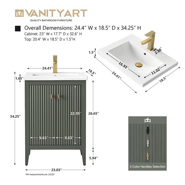 Vanity Art 25-in W x 18.5-in D x 34-in H Single Sink Bathroom Vanity w/ Ceramic Top - Linear Vintage Green