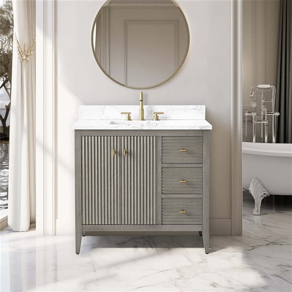 Vanity Art 36-in W x 22-in D x 38-in H Single Sink Bath Vanity w/ Engineered Marble Top - Linear Driftwood Grey