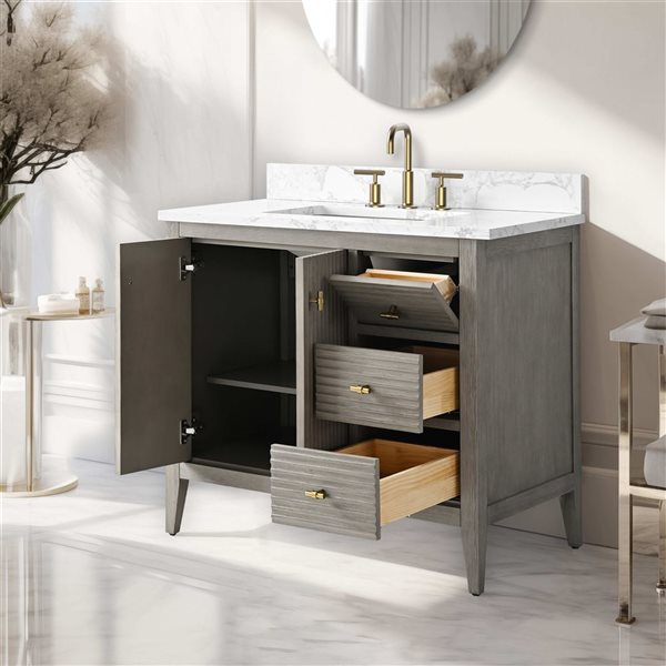 Vanity Art 36-in W x 22-in D x 38-in H Single Sink Bath Vanity w/ Engineered Marble Top - Linear Driftwood Grey
