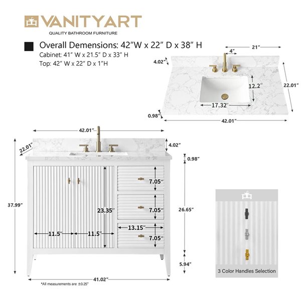 Vanity Art 42-in W x 22-in D x 38-in H Single Sink Bathroom Vanity w/ Engineered Marble Top - Linear White