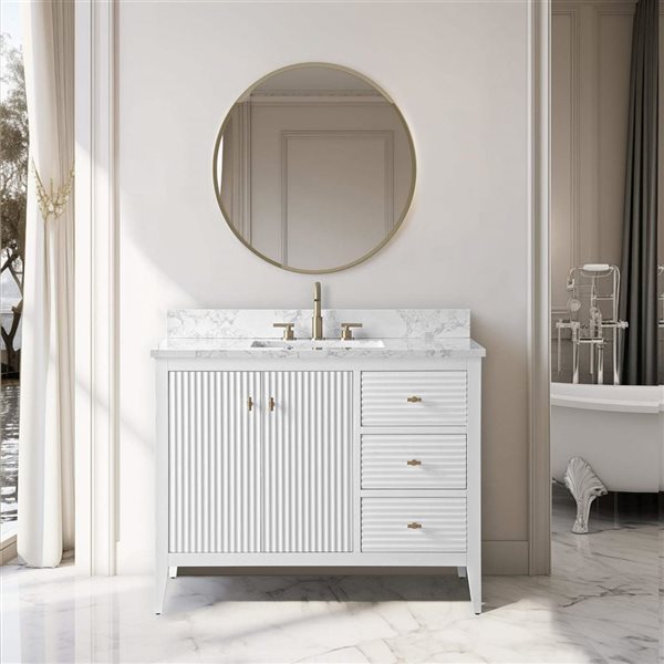 Vanity Art 42-in W x 22-in D x 38-in H Single Sink Bathroom Vanity w/ Engineered Marble Top - Linear White