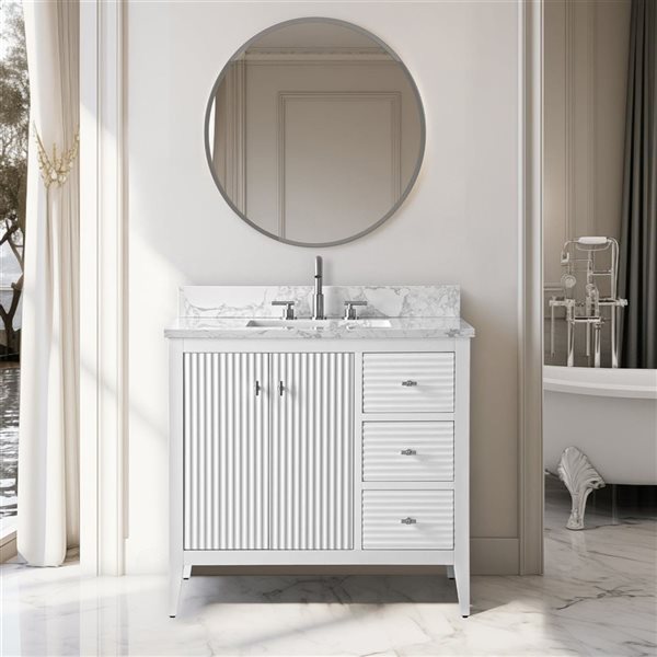 Vanity Art 36-in W x 22-in D x 38-in H Single Sink Bathroom Vanity w/ Engineered Marble Top - Linear White