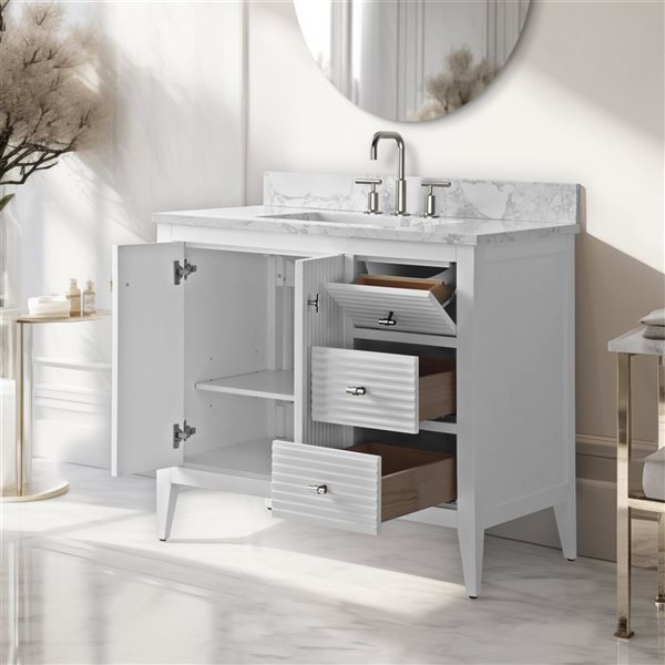 Vanity Art 36-in W x 22-in D x 38-in H Single Sink Bathroom Vanity w/ Engineered Marble Top - Linear White