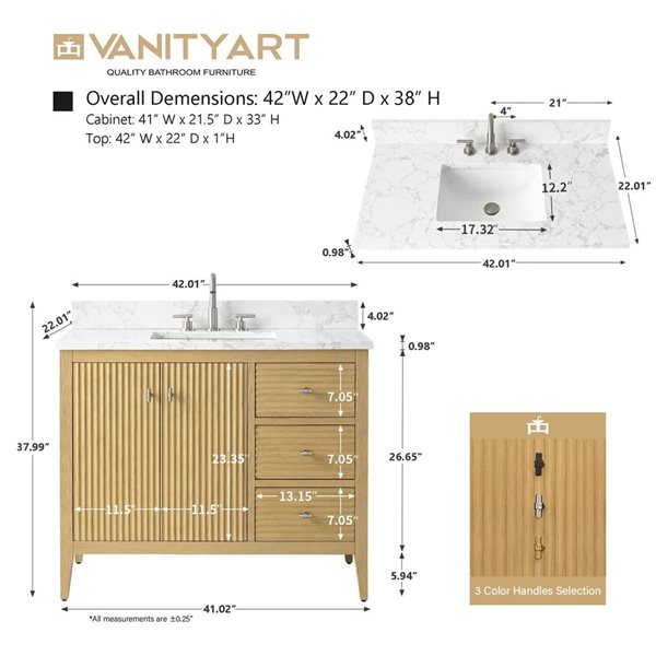 Vanity Art 42-in W x 22-in D x 38-in H Single Sink Bathroom Vanity w/ Engineered Marble Top - Linear Natural Oak
