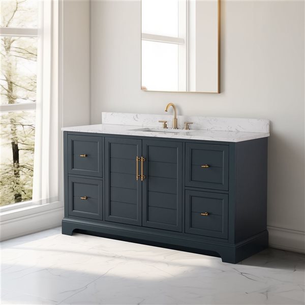 Vanity Art 60-in W x 22-in D x 38-in H Single Sink Bath Vanity in Vintage Spruce Blue with Engineered Marble Top