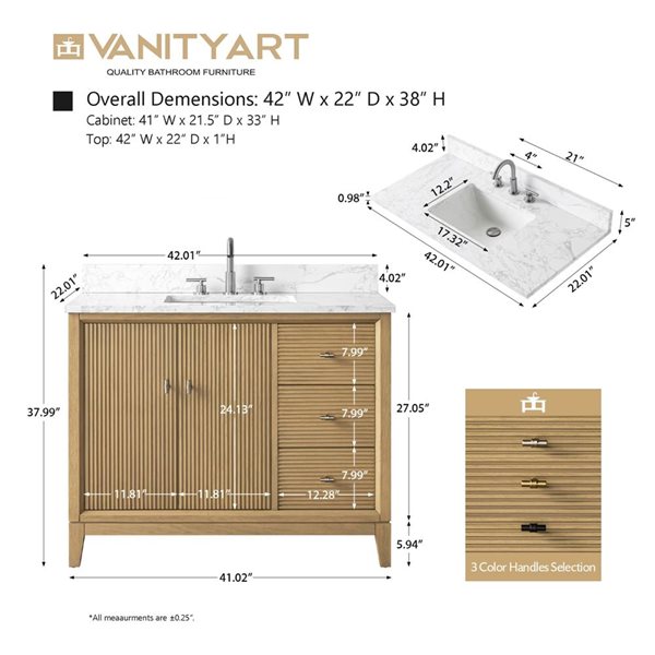 Vanity Art 42-in W x 22-in D x 38-in H Single Sink Freestanding Bath Vanity in Natural Oak with Engineered Marble Top