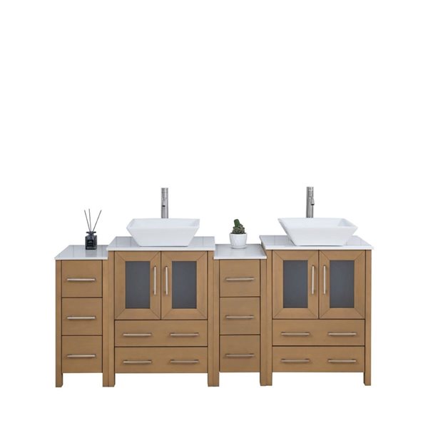 Vanity Art 72-in W x 18-in D x 36-in H Double Sink Bath Vanity in Oak with Engineered Marble Top and Mirror