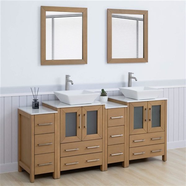 Vanity Art 72-in W x 18-in D x 36-in H Double Sink Bath Vanity in Oak with Engineered Marble Top and Mirror