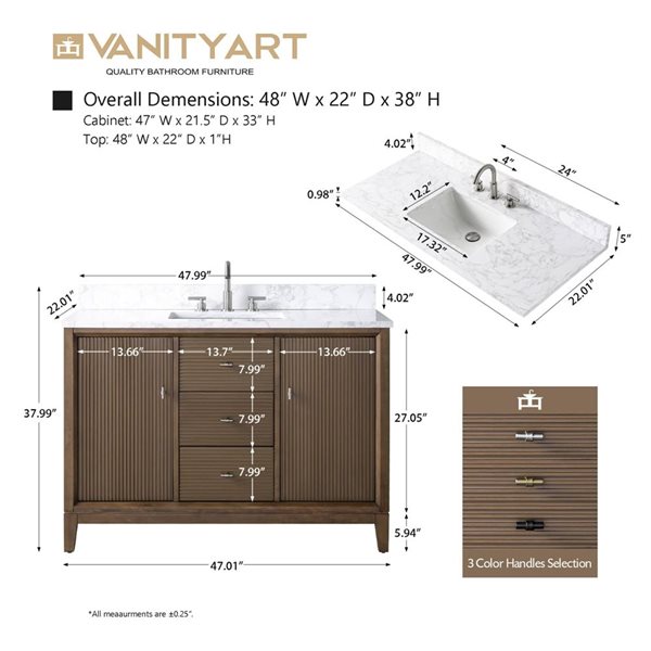Vanity Art 48-in W x 22-in D x 38-in H Single Sink Freestanding Bath Vanity in Walnut with Engineered Marble Top