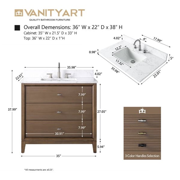 Vanity Art 36-in W x 22-in D x 38-in H Single Sink Freestanding Bath Vanity in Walnut with Engineered Marble Top