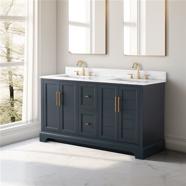 Vanity Art 60-in W x 22-in D x 38-in H Double Sink Bath Vanity in Vintage Spruce Blue with Engineered Marble Top