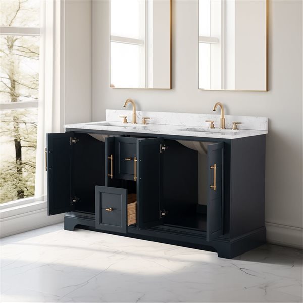 Vanity Art 60-in W x 22-in D x 38-in H Double Sink Bath Vanity in Vintage Spruce Blue with Engineered Marble Top