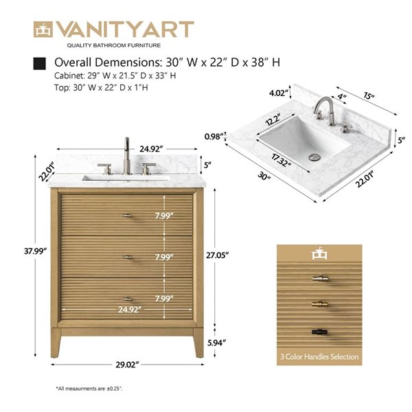 Vanity Art 30-in W x 22-in D x 38-in H Single Sink Freestanding Bath Vanity in Natural Oak with Engineered Marble Top