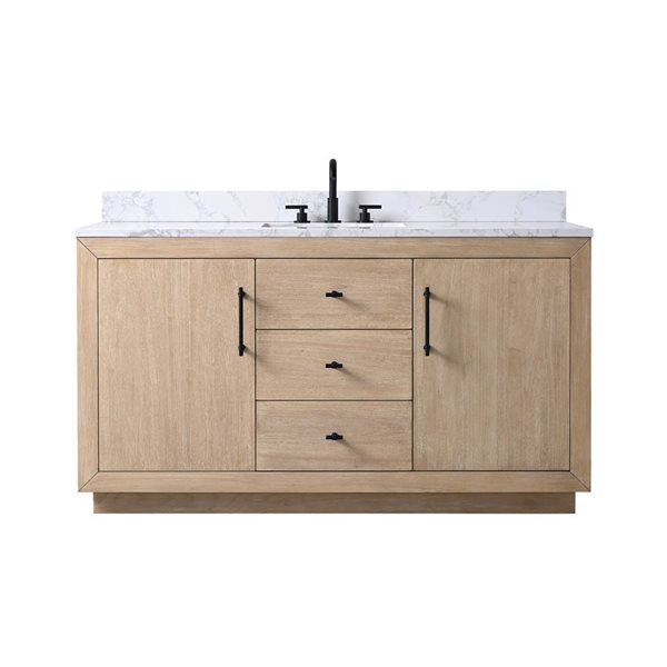 Vanity Art 60-in W x 22-in D x 38-in H Single Sink Bath Vanity in Light Wheat with Engineered Marble Top