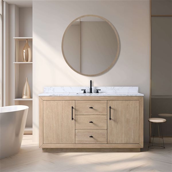 Vanity Art 60-in W x 22-in D x 38-in H Single Sink Bath Vanity in Light Wheat with Engineered Marble Top