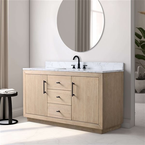Vanity Art 60-in W x 22-in D x 38-in H Single Sink Bath Vanity in Light Wheat with Engineered Marble Top