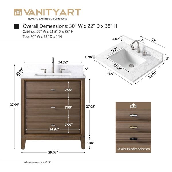 Vanity Art 30-in W x 22-in D x 38-in H Single Sink Freestanding Bath Vanity in Walnut with Engineered Marble Top