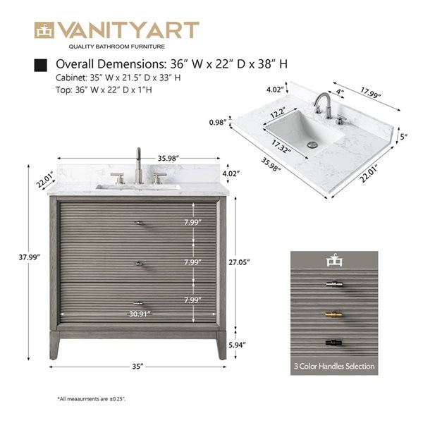Vanity Art 36-in W x 22-in D x 38-in H Single Sink Freestanding Bath Vanity in Driftwood Gray with Engineered Marble Top