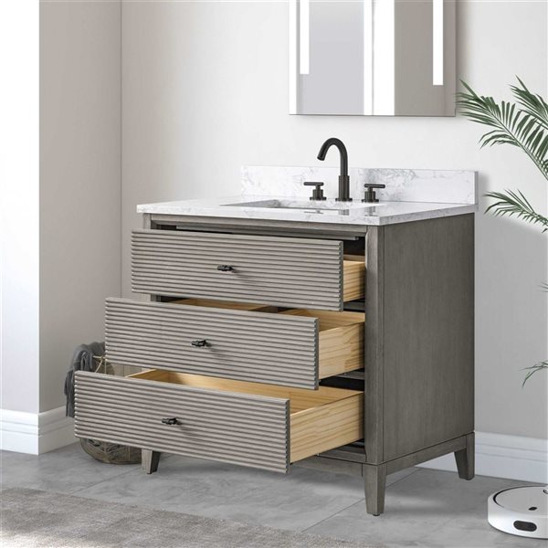 Vanity Art 36-in W x 22-in D x 38-in H Single Sink Freestanding Bath Vanity in Driftwood Gray with Engineered Marble Top