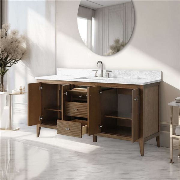 Vanity Art 60-in W x 22-in D x 38-in H Single Sink Bathroom Vanity in Walnut with Engineered Marble Top