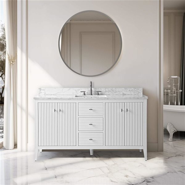 Vanity Art 60-in W x 22-in D x 38-in H Single Sink Bathroom Vanity w/ Engineered Marble Top - Linear White