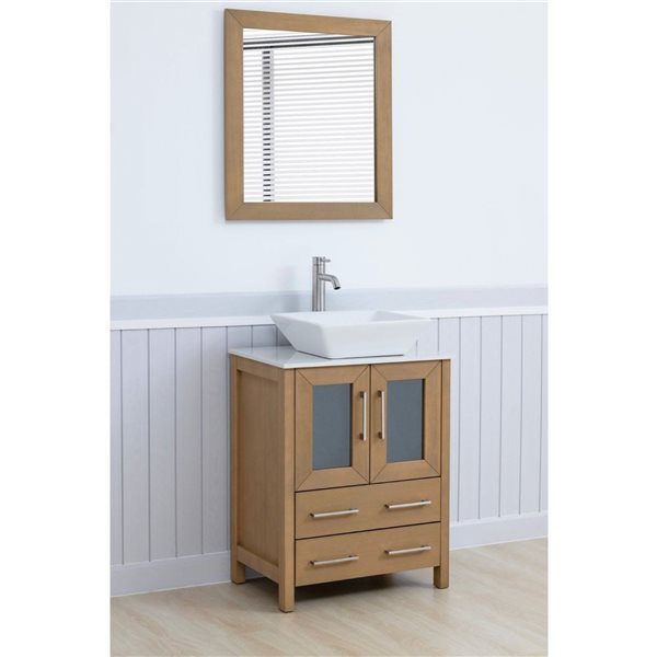Vanity Art 24-in W x 18-in D x 36-in H Single Sink Bath Vanity w/ Engineered Marble Top and Mirror - Natural Oak