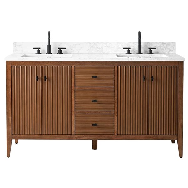 Vanity Art 60-in W x 22-in D x 38-in H Double Sink Bathroom Vanity w/ Engineered Marble Top - Linear Walnut