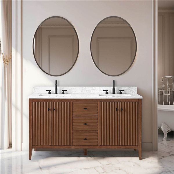 Vanity Art 60-in W x 22-in D x 38-in H Double Sink Bathroom Vanity w/ Engineered Marble Top - Linear Walnut