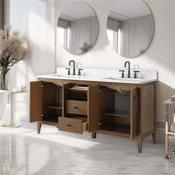 Vanity Art 60-in W x 22-in D x 38-in H Double Sink Bathroom Vanity w/ Engineered Marble Top - Linear Walnut