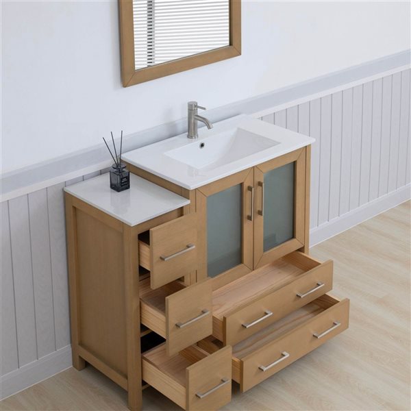 Vanity Art 42-in W x 18-in D x 36-in H Single Sink Bath Vanity w/ Ceramic Top and Mirror - Natural Oak