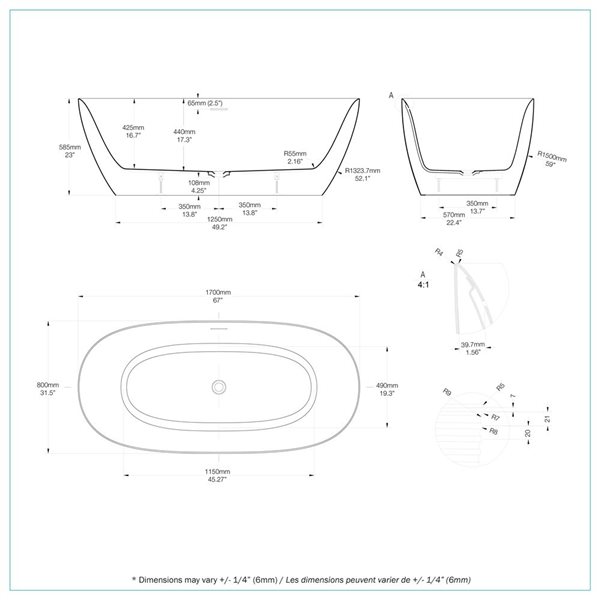 A&E Bath and Shower Beech 31.5 x 67-in White Acrylic Oval Center Drain Bathtub