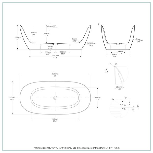 A&E Bath and Shower Beech 29.5 x 59-in Acrylic Oval Center Drain Bathtub