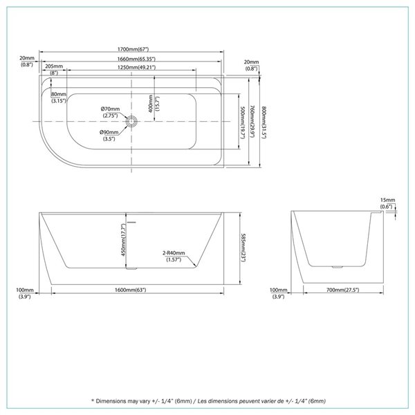 A&E Bath and Shower Silqua 31.5 x 67-in White Acrylic Right Rectangular Center Drain Bathtub
