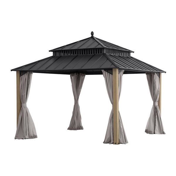 Sunjoy Kingston 12 x 12-ft Natural Wood Square Hardtop Wood Gazebo with Steel Roof, Cedar  Frame, Curtains, and Netting