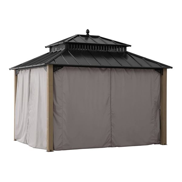 Sunjoy Kingston 12 x 12-ft Natural Wood Square Hardtop Wood Gazebo with Steel Roof, Cedar  Frame, Curtains, and Netting