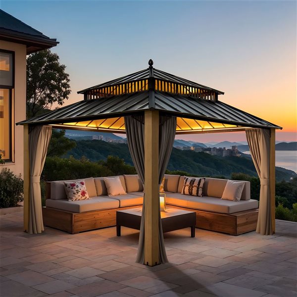 Sunjoy Kingston 12 x 12-ft Natural Wood Square Hardtop Wood Gazebo with Steel Roof, Cedar  Frame, Curtains, and Netting