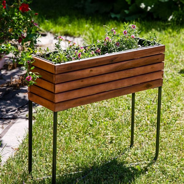 Sunnydaze Decor Acacia Wood Slatted Planter Box w/ Oil-Stained Finish