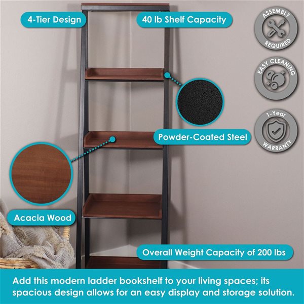 Sunnydaze Decor Indoor 4-Shelf Acacia Wood Ladder Bookshelf