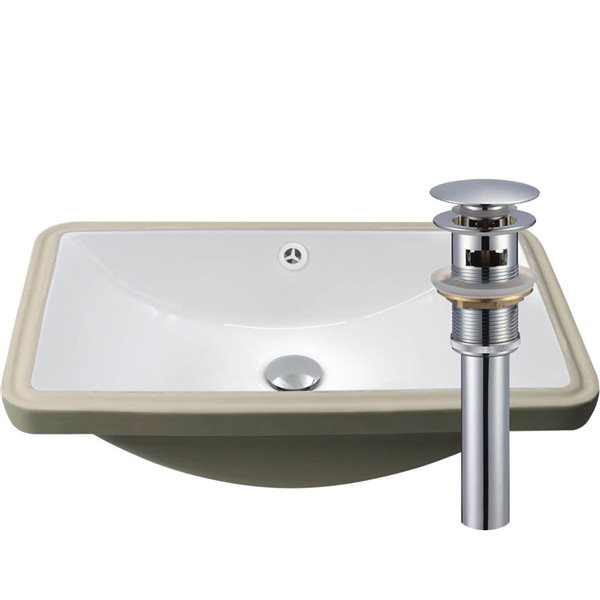 Novatto Rectangular Undermount White Porcelain Sink and Pop-Up Drain w/ Overflow - Chrome