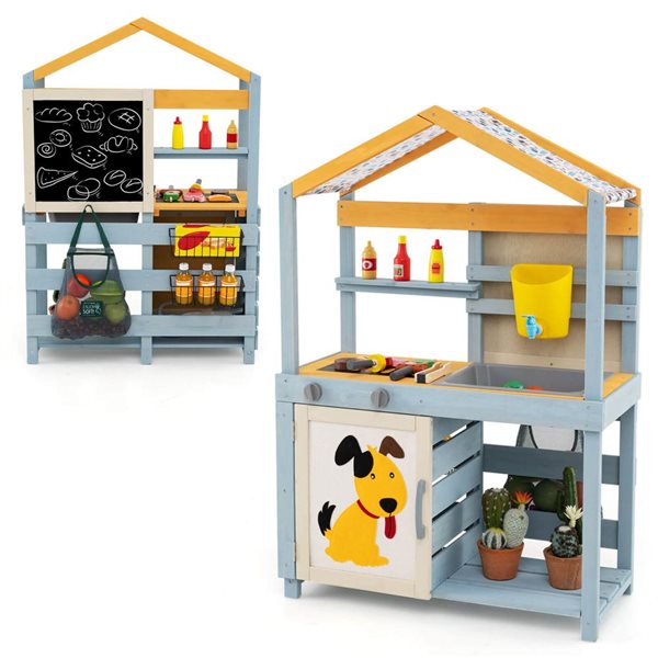 Costway 2-in-1 Wooden Play Kitchen and Grocery Store w/ Sink