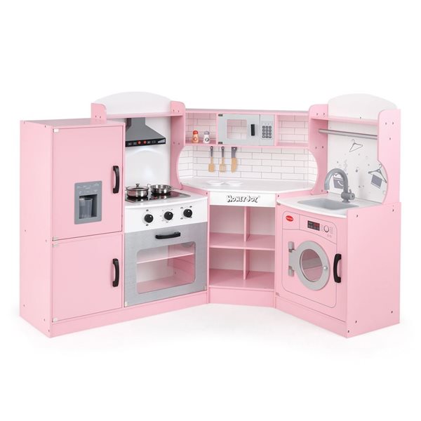 Costway Play Kitchen w/ Range Hood + Ice Maker and Microwave - Pink