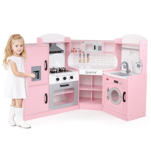 Costway Play Kitchen w/ Range Hood + Ice Maker and Microwave - Pink