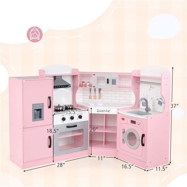 Costway Play Kitchen w/ Range Hood + Ice Maker and Microwave - Pink