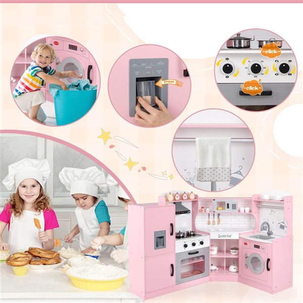 Costway Play Kitchen w/ Range Hood + Ice Maker and Microwave - Pink