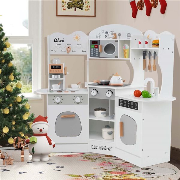 Costway Play Kitchen w/ Coffee Machine + Microwave Oven and Washing Machine - White