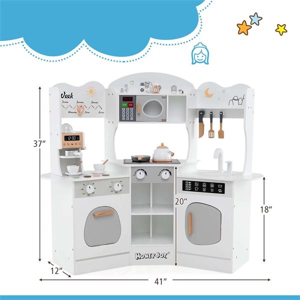 Costway Play Kitchen w/ Coffee Machine + Microwave Oven and Washing Machine - White