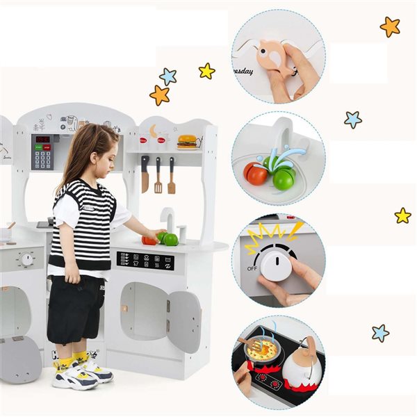 Costway Play Kitchen w/ Coffee Machine + Microwave Oven and Washing Machine - White